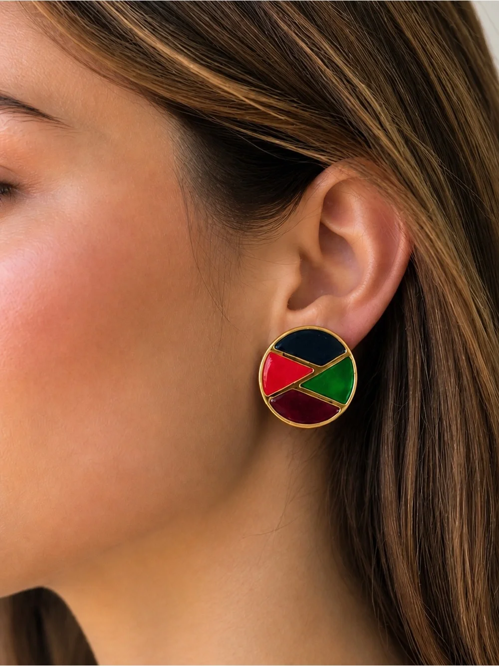 Vintage Color Block Enamel Gold Tone Lightweight Round Earrings
